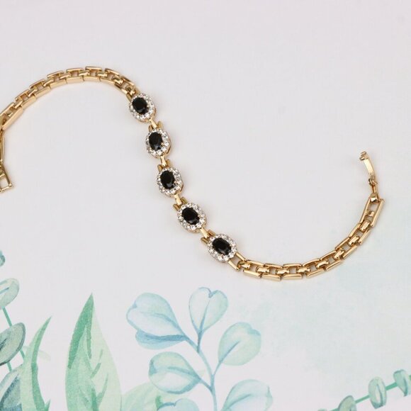 "Elegant Rose Gold Oval Black Stone Bracelet with Crystal Halos, XPBL0736 - Picture 4 of 12